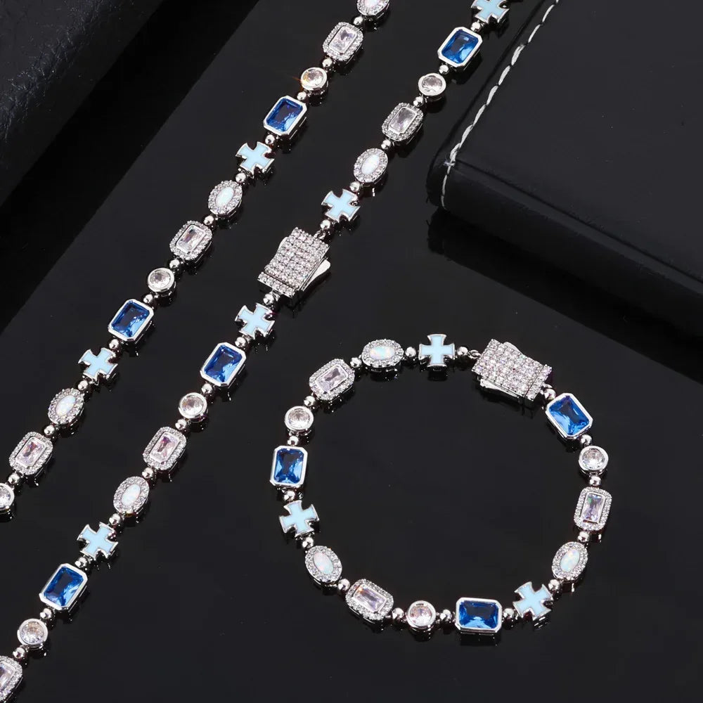 6mm Enamel Cross Necklace Blue Stone Rapper Iced Out Chain Style | Caratix Jewelry - CaratixJewelry